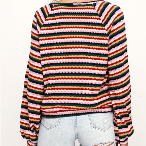 Rainbow Multi Stripe Balloon Sleeve Sweater Top NWOT - Picture 4 of 9